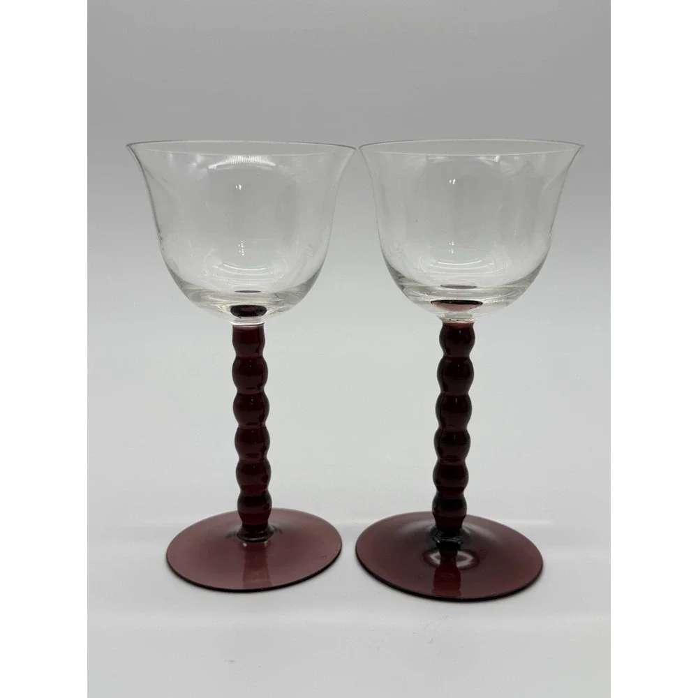 Set of 2 Cranberry Stem Wine Glasses Clear Bowl Knobby Stem Art Glass Goblets 6